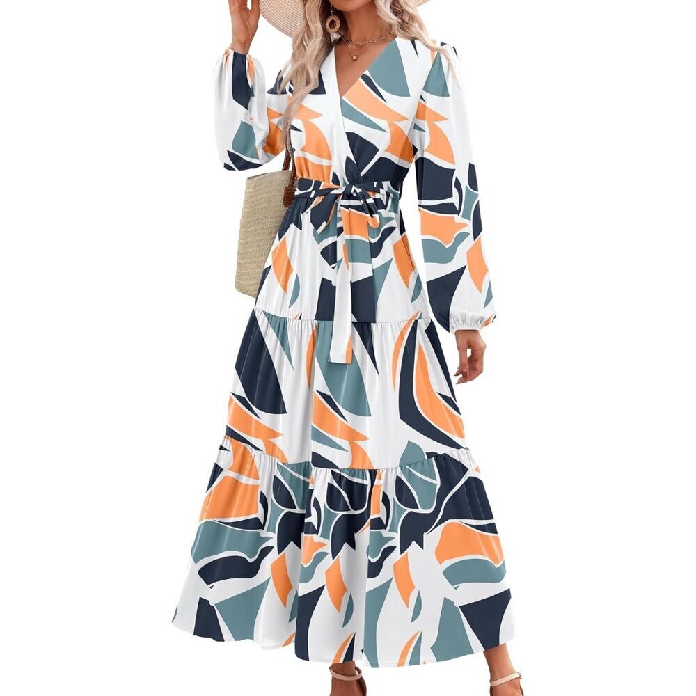 PrettyGarden Women Navy Geometry Polyester V Neck Long Sleeve Floral Maxi Dress